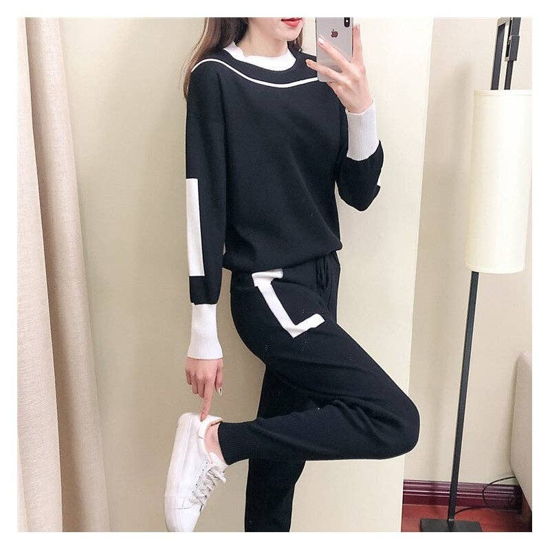 Color Block Knit Sweater And Long Pants Set