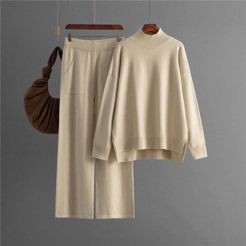 Solid Knit Mock Neck Slit Sweater Pants Set