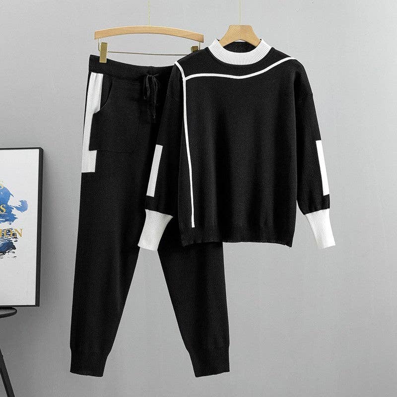 Color Block Knit Sweater And Long Pants Set