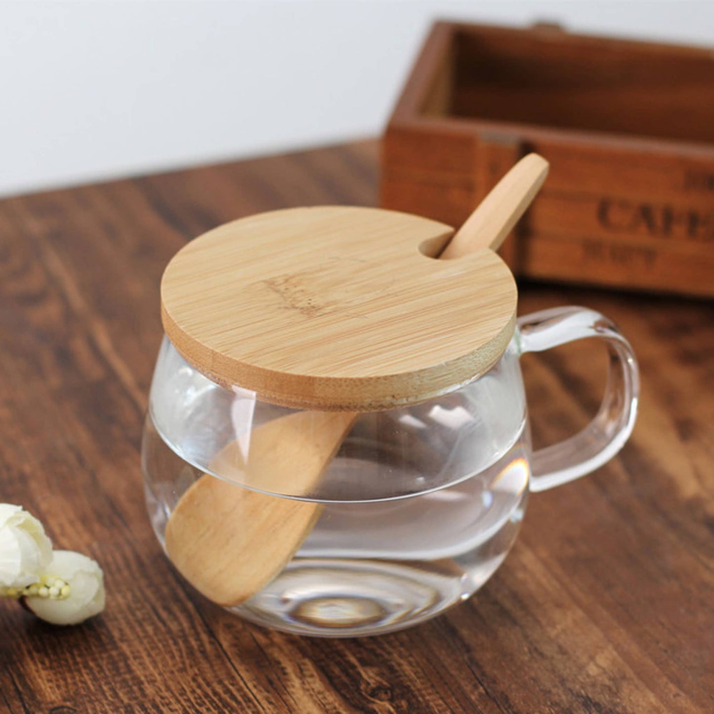 Borosilicate Glass Teacup w/ bamboo lid & spoon 11oz