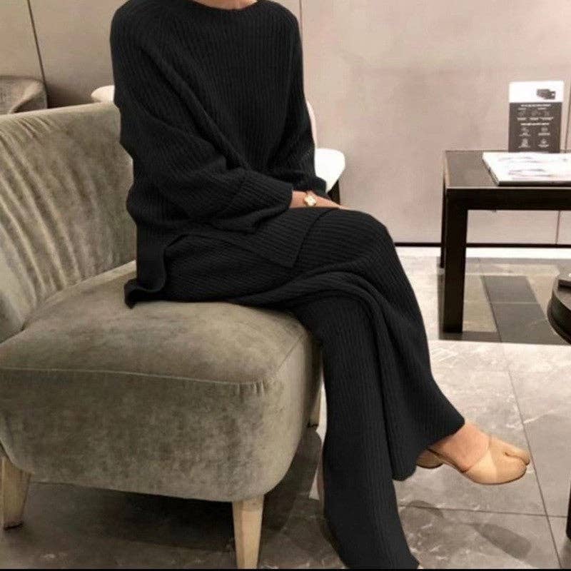 Solid Color Slit Sweater Wide Leg Pants Set