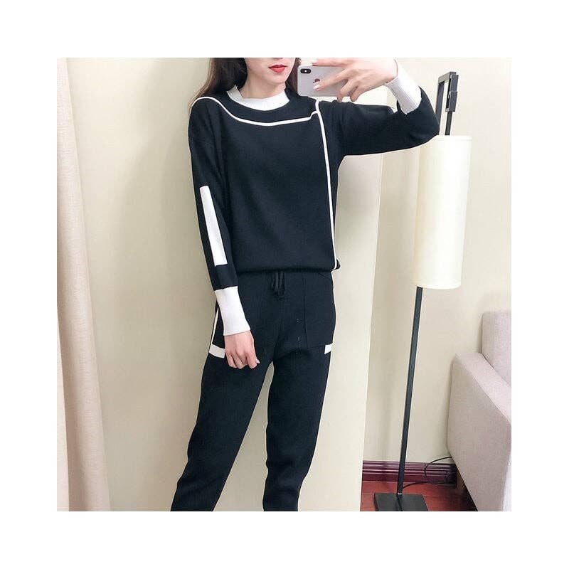 Color Block Knit Sweater And Long Pants Set