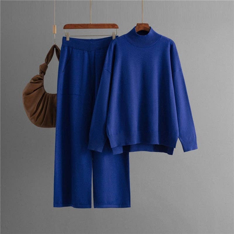Solid Knit Mock Neck Slit Sweater Pants Set