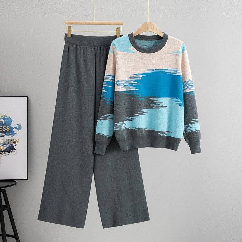Round Neck Color Block Sweater Pants Set