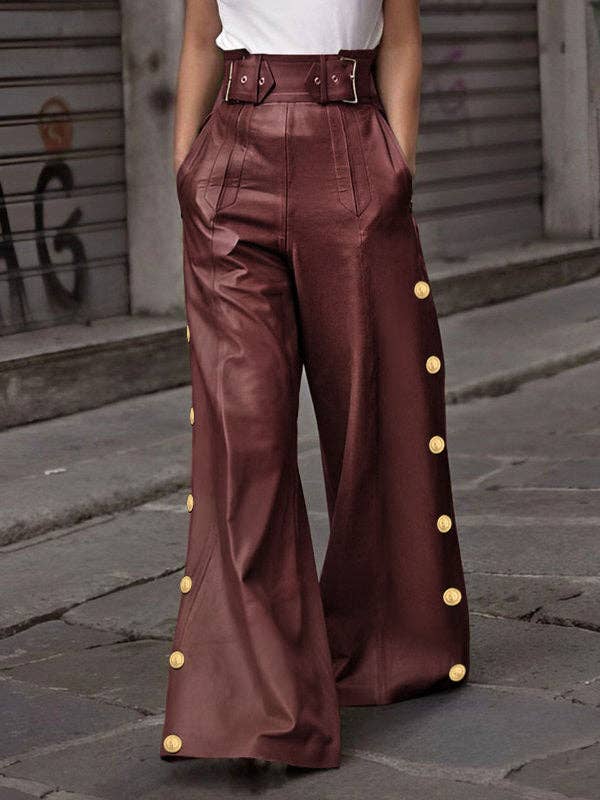 Loose Wide Leg Belted Buttoned Pants