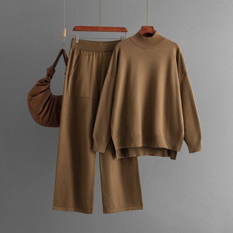 Solid Knit Mock Neck Slit Sweater Pants Set
