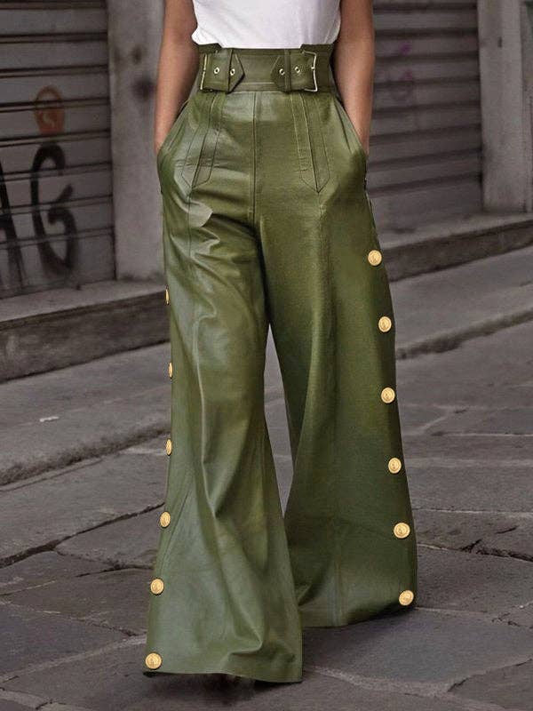 Loose Wide Leg Belted Buttoned Pants