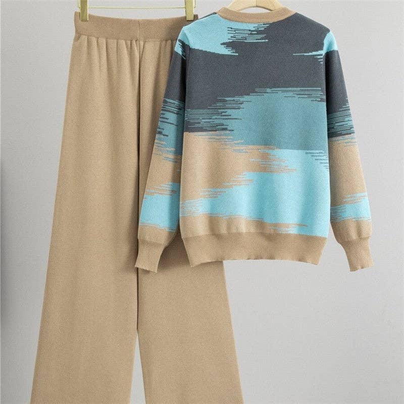 Round Neck Color Block Sweater Pants Set