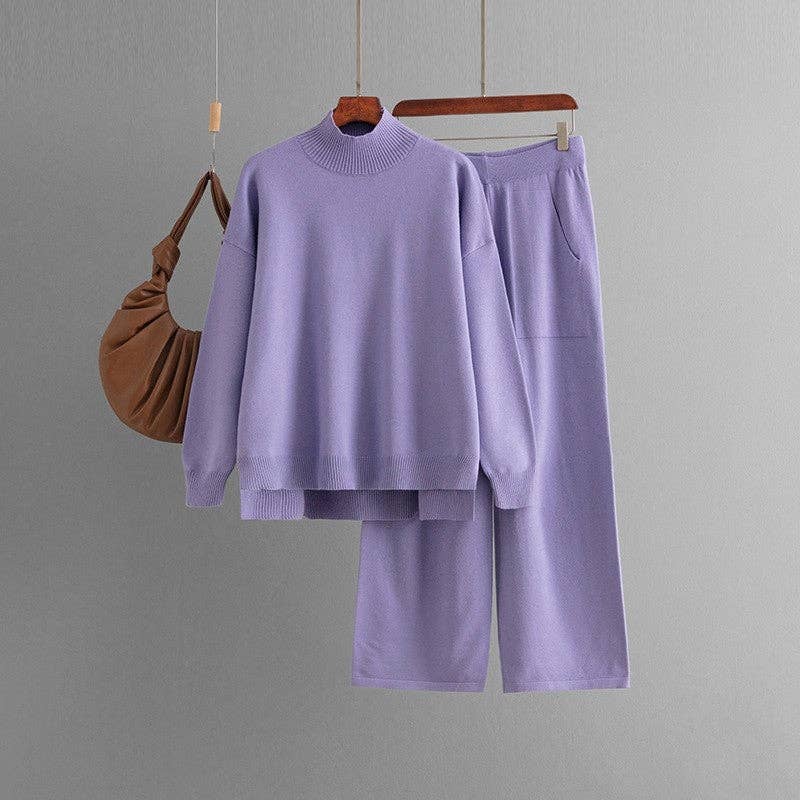 Solid Knit Mock Neck Slit Sweater Pants Set