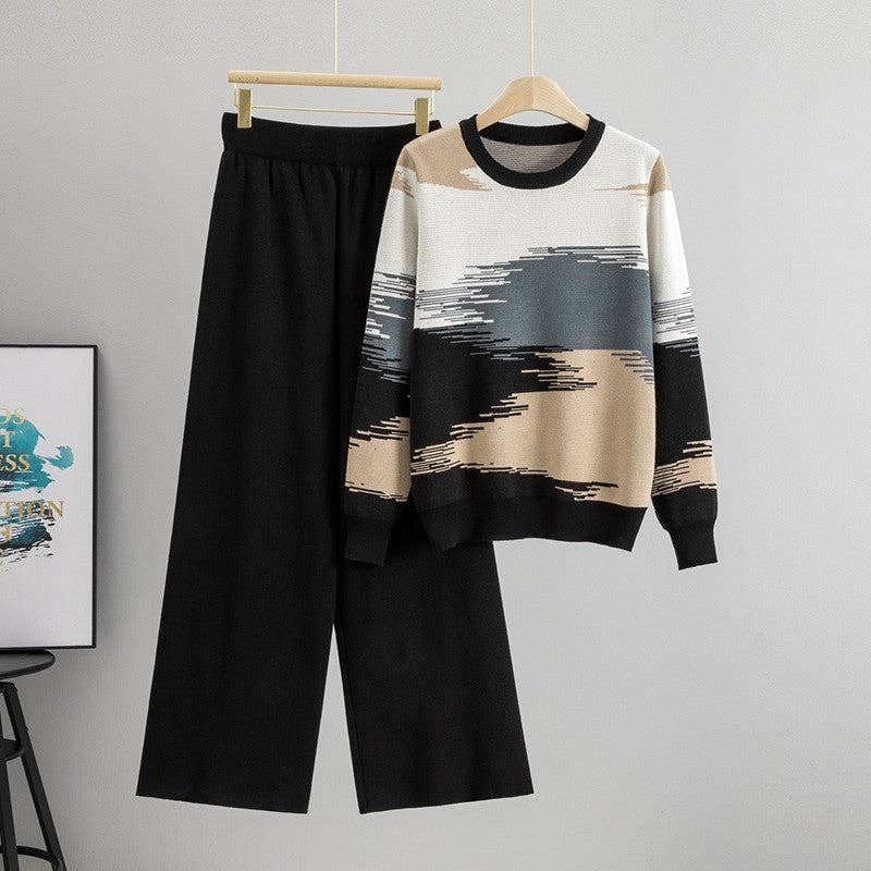Round Neck Color Block Sweater Pants Set