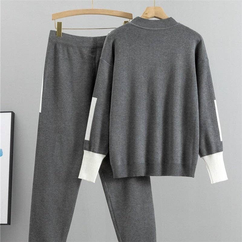 Color Block Knit Sweater And Long Pants Set