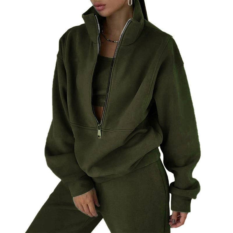 Solid Color Half Zip Hoodie And Jogger Set