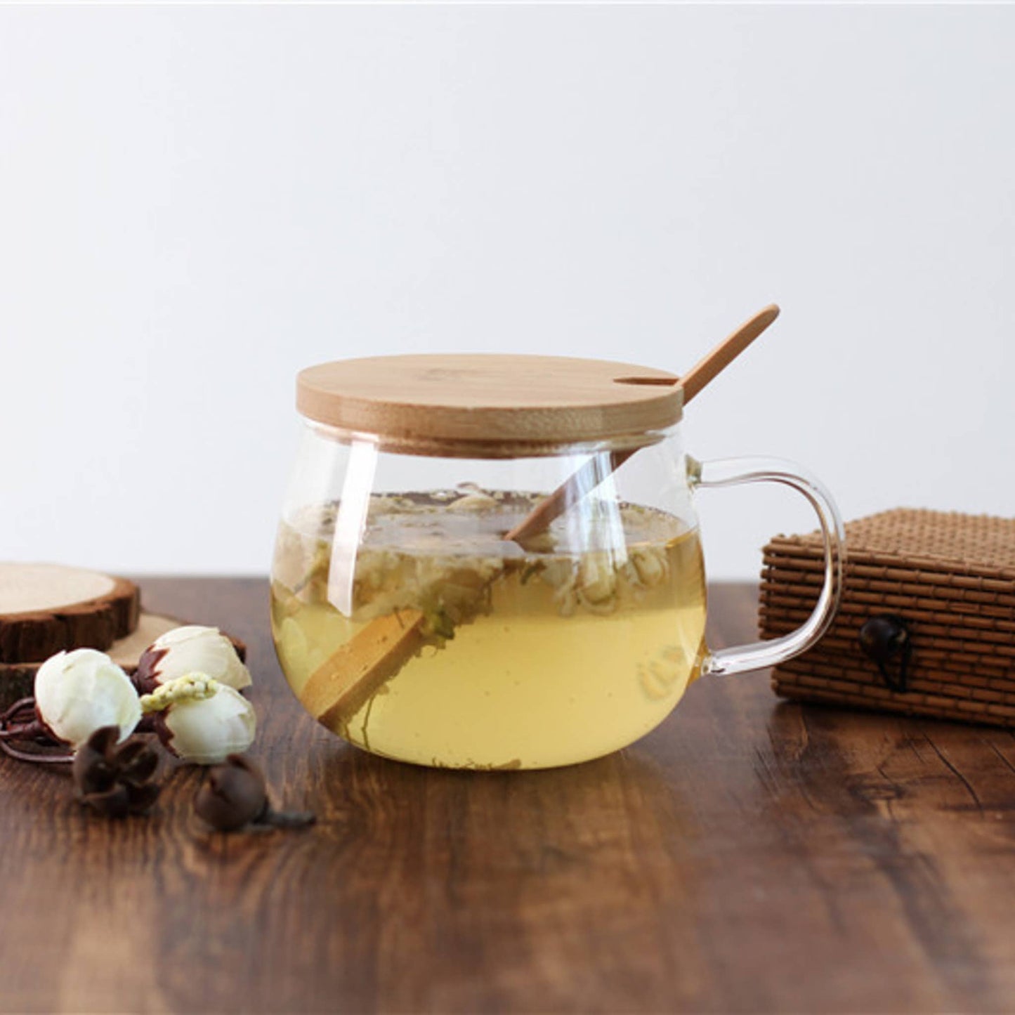 Borosilicate Glass Teacup w/ bamboo lid & spoon 11oz