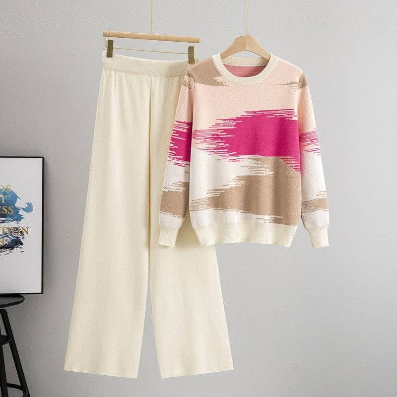 Round Neck Color Block Sweater Pants Set
