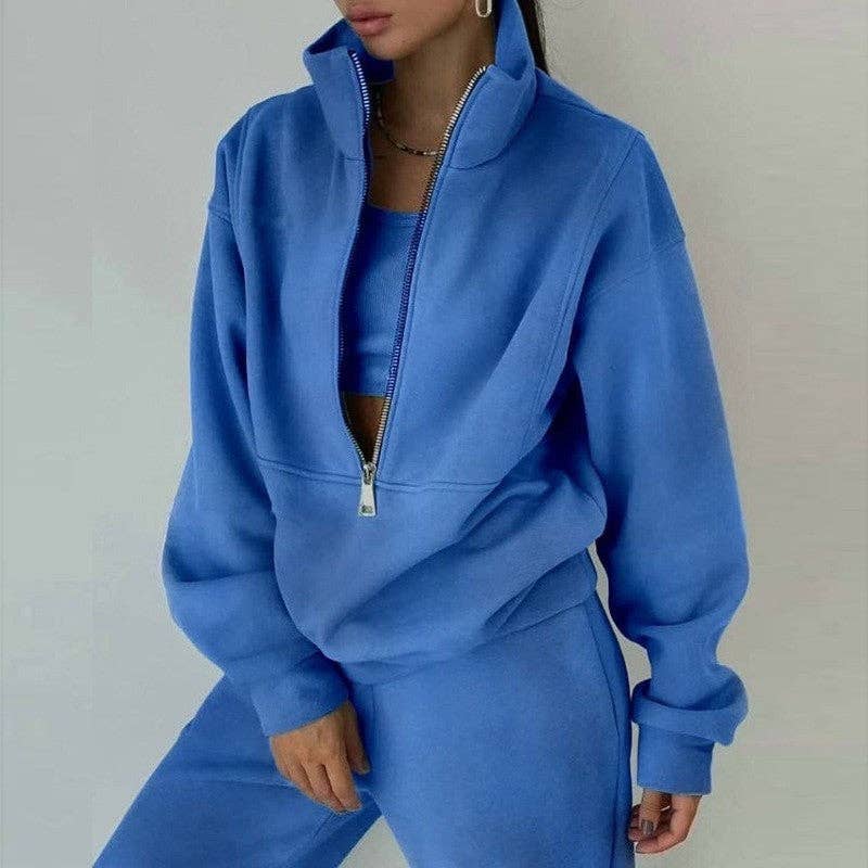 Solid Color Half Zip Hoodie And Jogger Set