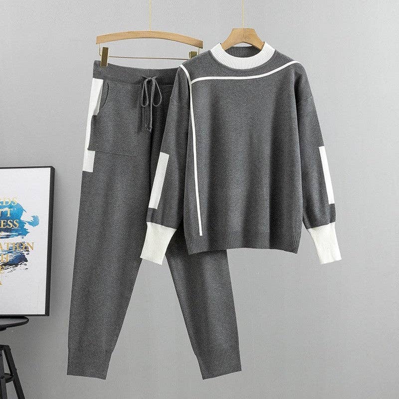 Color Block Knit Sweater And Long Pants Set