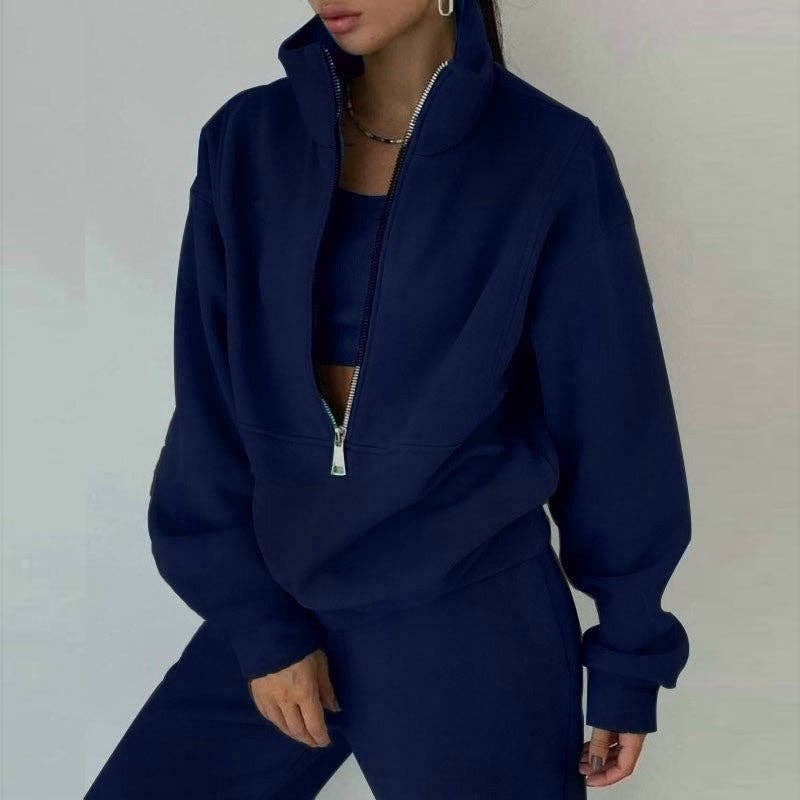 Solid Color Half Zip Hoodie And Jogger Set