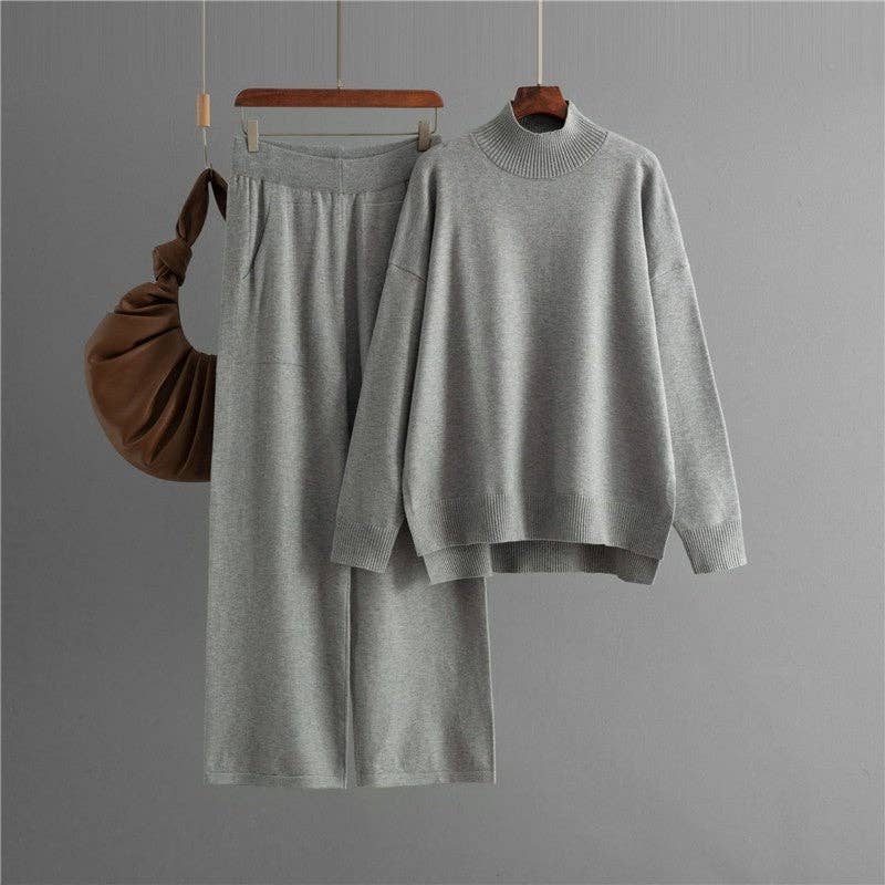 Solid Knit Mock Neck Slit Sweater Pants Set