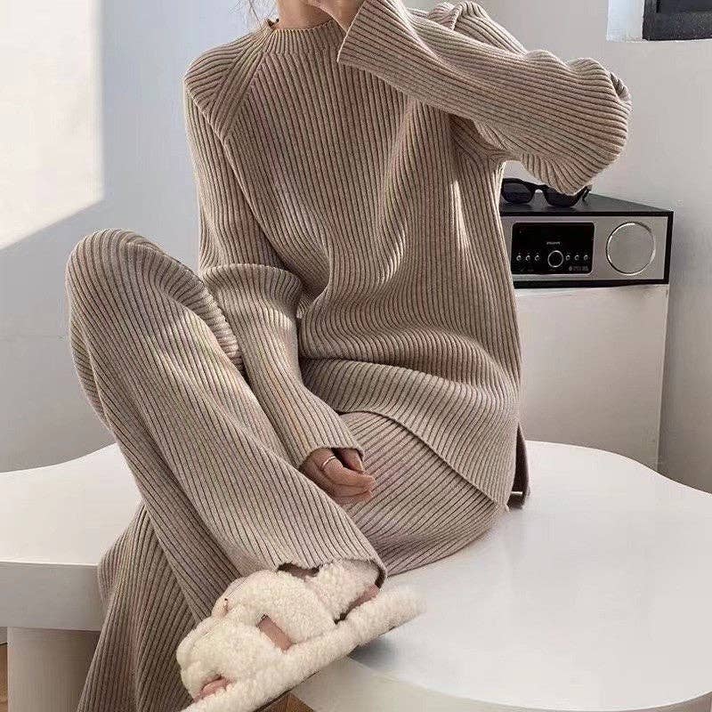 Solid Color Slit Sweater Wide Leg Pants Set