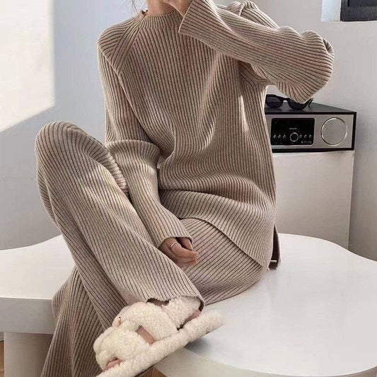 Solid Color Slit Sweater Wide Leg Pants Set