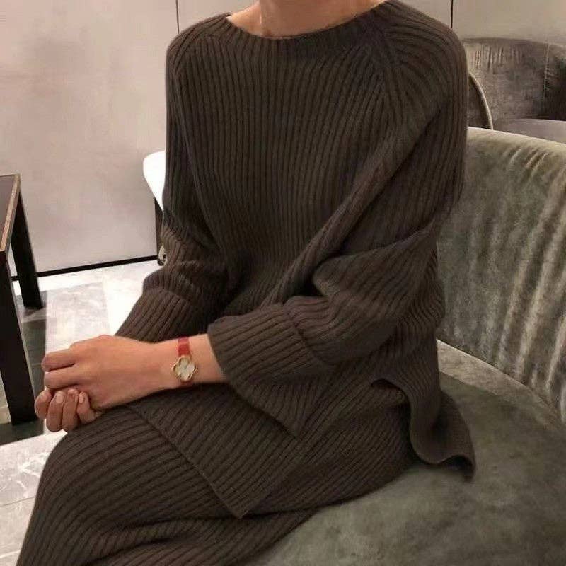 Solid Color Slit Sweater Wide Leg Pants Set