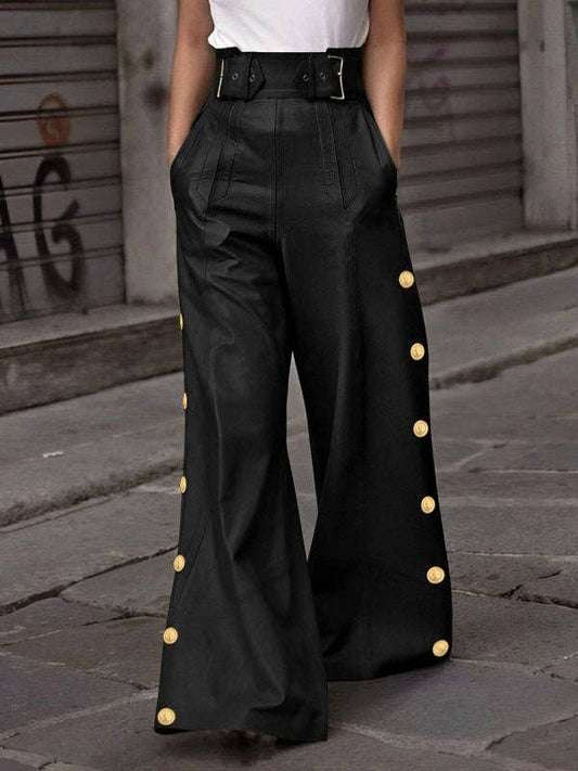 Loose Wide Leg Belted Buttoned Pants