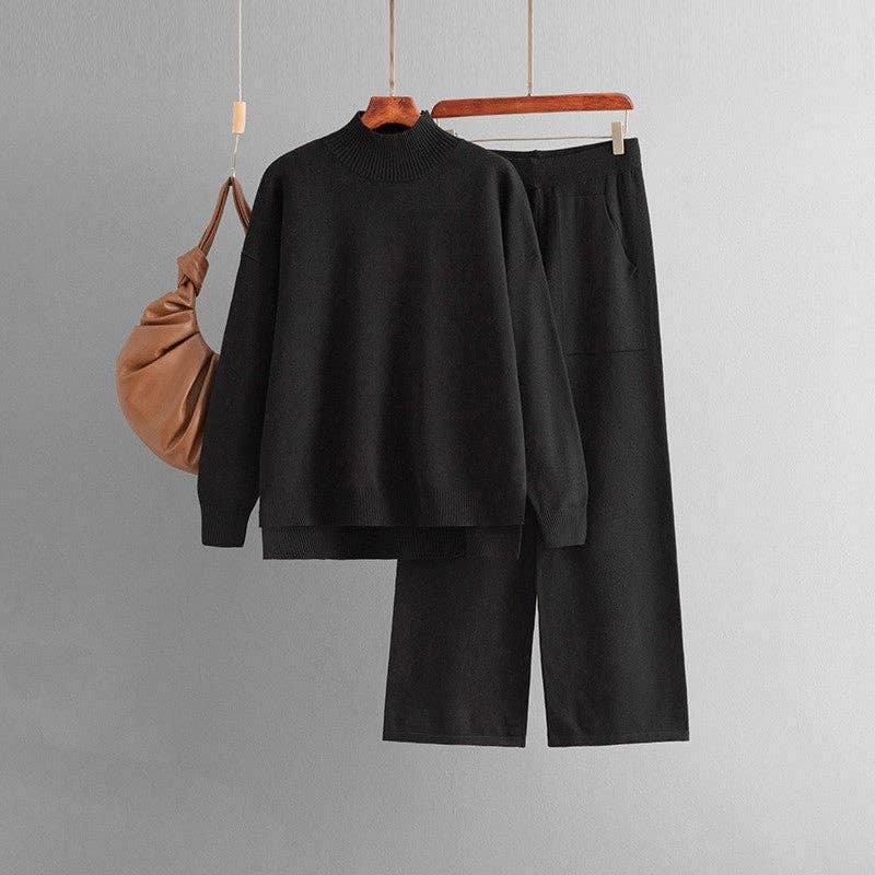 Solid Knit Mock Neck Slit Sweater Pants Set