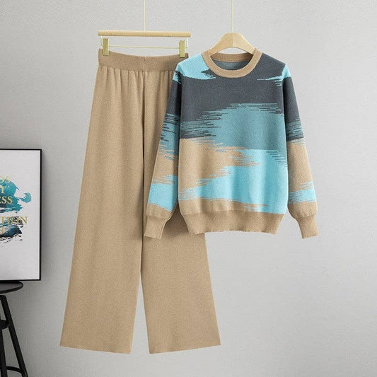 Round Neck Color Block Sweater Pants Set