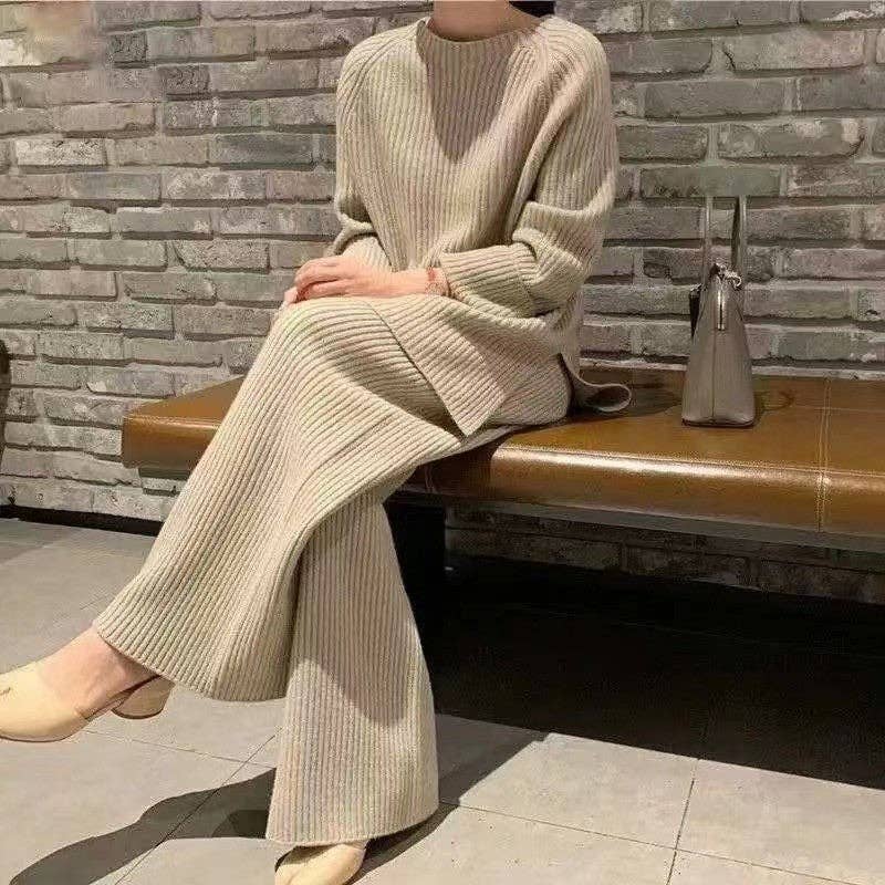 Solid Color Slit Sweater Wide Leg Pants Set