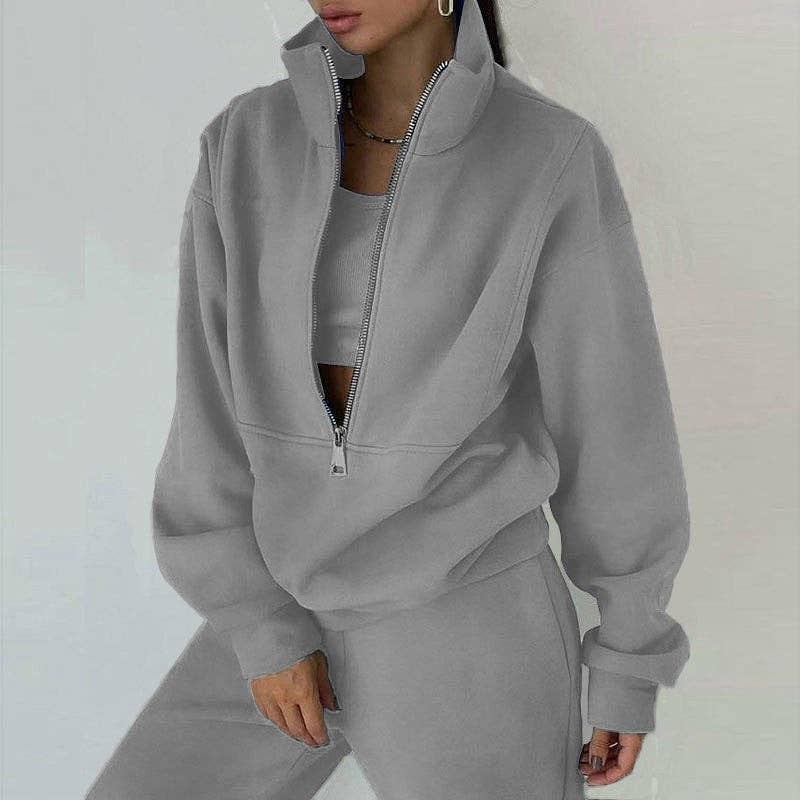 Solid Color Half Zip Hoodie And Jogger Set