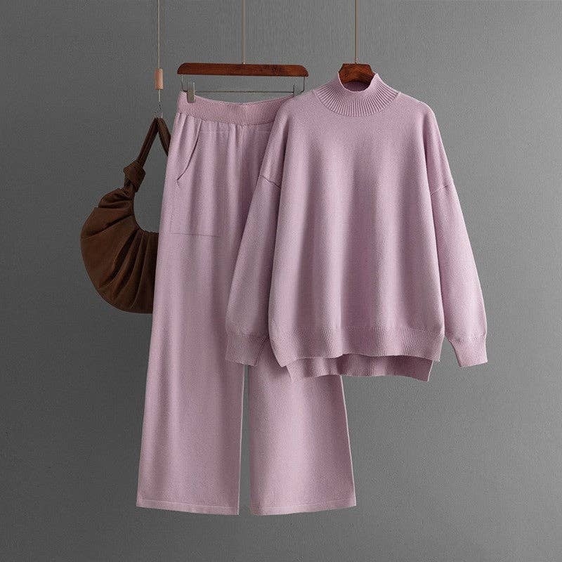 Solid Knit Mock Neck Slit Sweater Pants Set