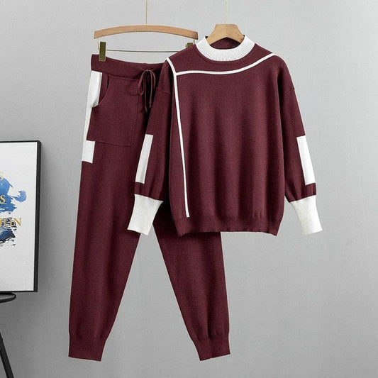 Color Block Knit Sweater And Long Pants Set