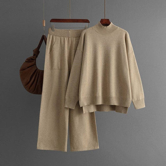 Solid Knit Mock Neck Slit Sweater Pants Set