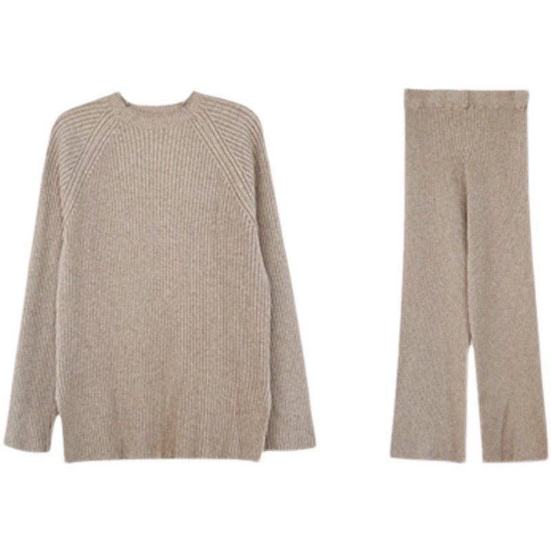 Solid Color Slit Sweater Wide Leg Pants Set