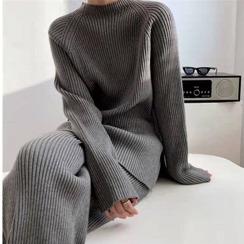 Solid Color Slit Sweater Wide Leg Pants Set